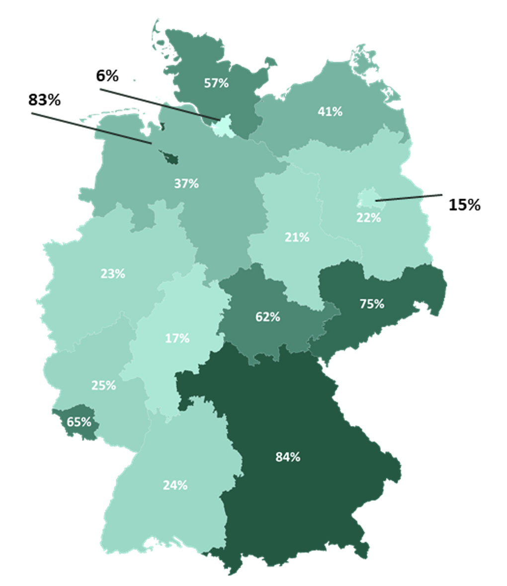 Deutschlandkarte mit Quote der Pflegebudget-Abschlüsse nach Bundesländern