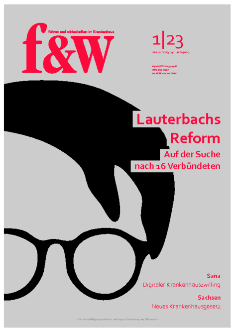 Stilisiertes Porträt von Bundesgesundheitsminister Karl Lauterbach auf derTitelseite des Fachmagazins f&w, Ausgabe 01/2023